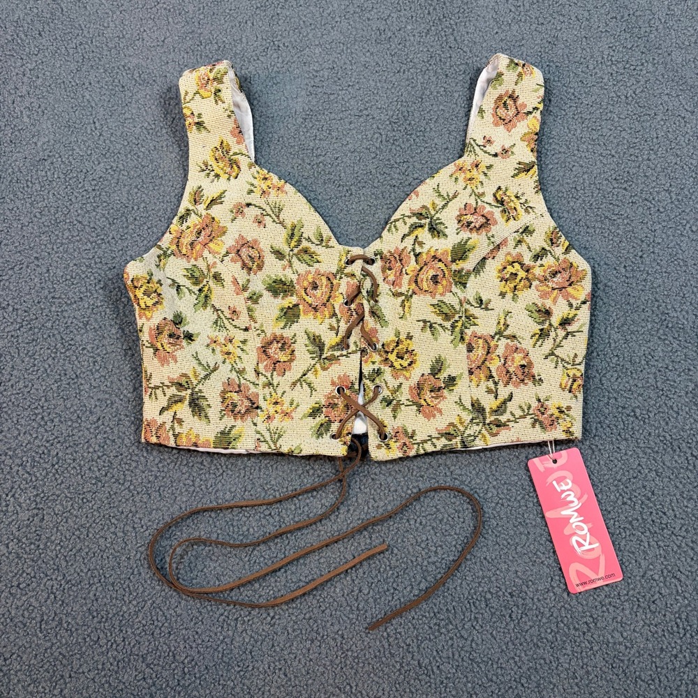 Romwe Corset Top Womens S Beige Floral Tapestry Lace Up Front Cropped Tank 8746